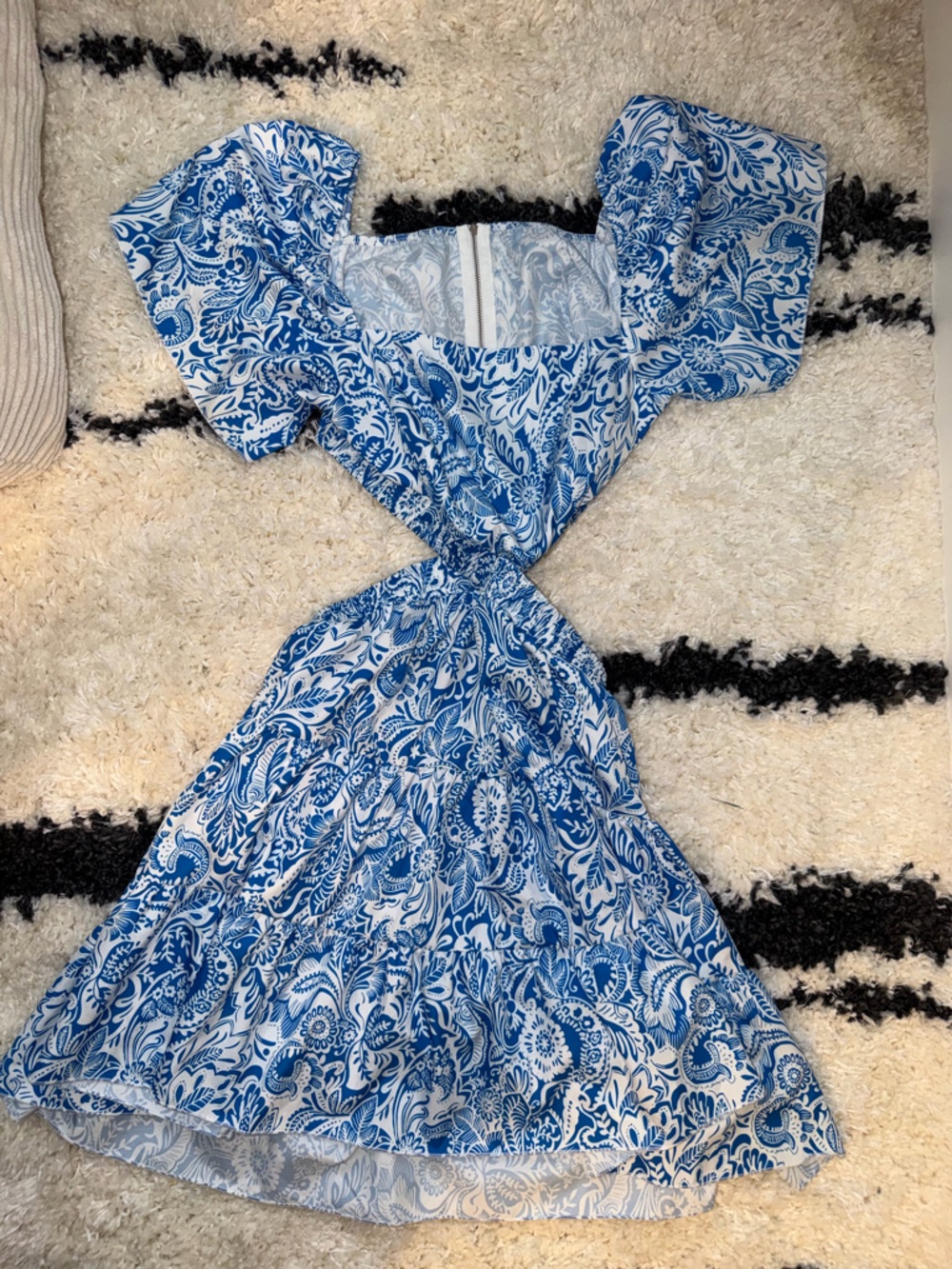 Blue and White Floral Twist-Front Dress